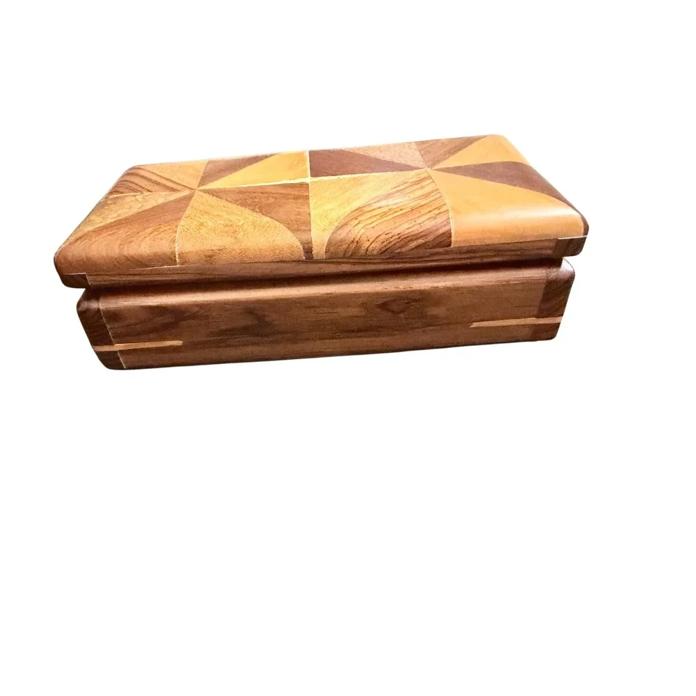Boho Marquetry Wood Inlay Trinket Box Brown Geometric Parquetry Lined